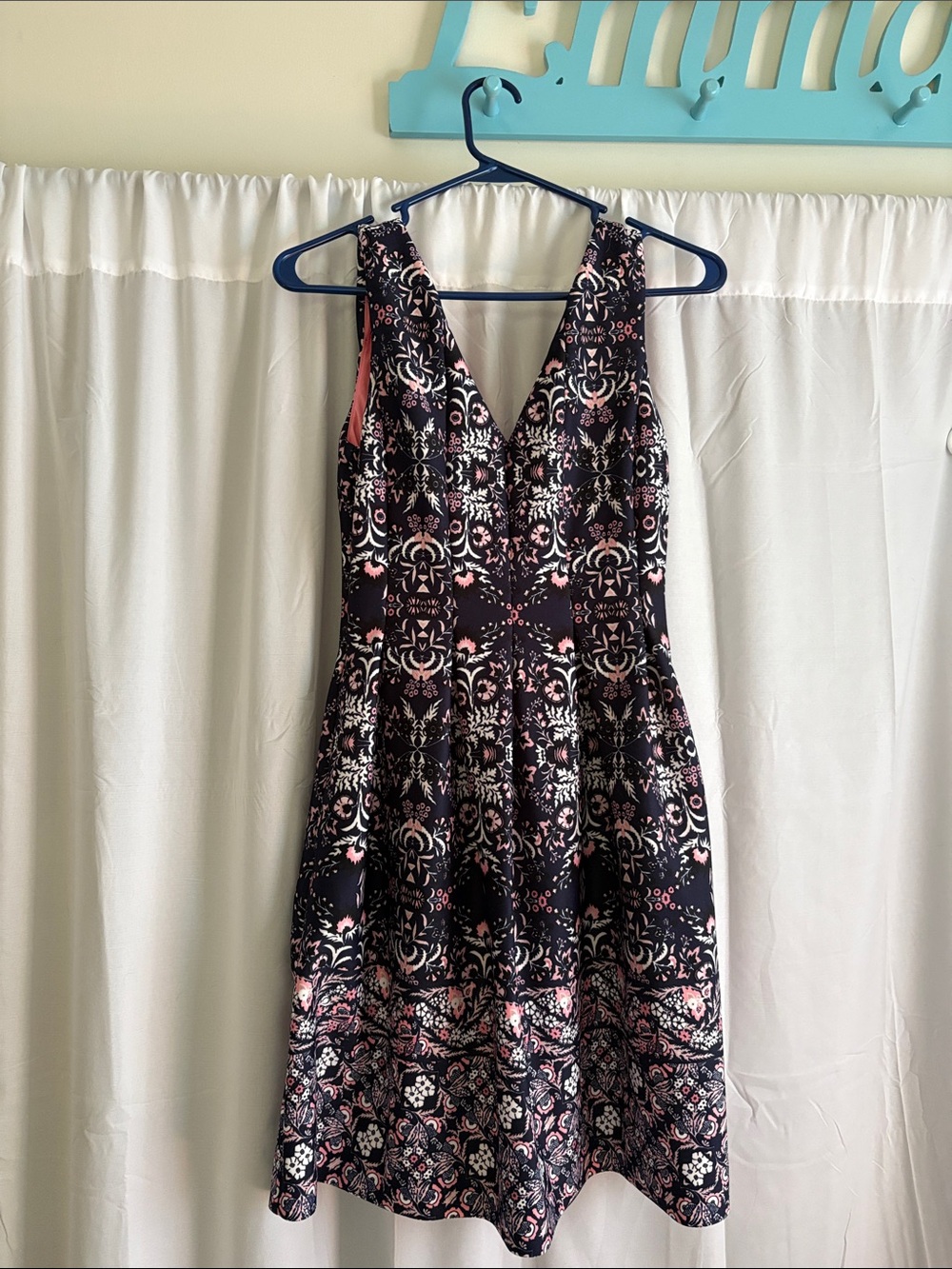 Vince Camuto Black and Pink Printed V-Neck Fit & Flare Dress